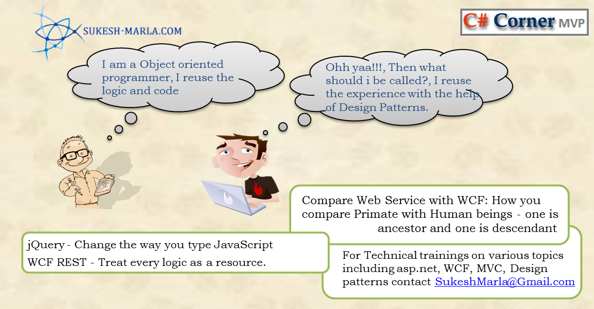 For Technical training on various topics including asp.net,WCF, MVC and design patterns contact SukeshMarla@Gmail.com