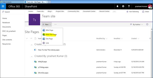 create a web part page in sharepoint online