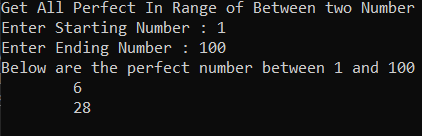 Get All Perfect Number In A Range Of Two Numbers