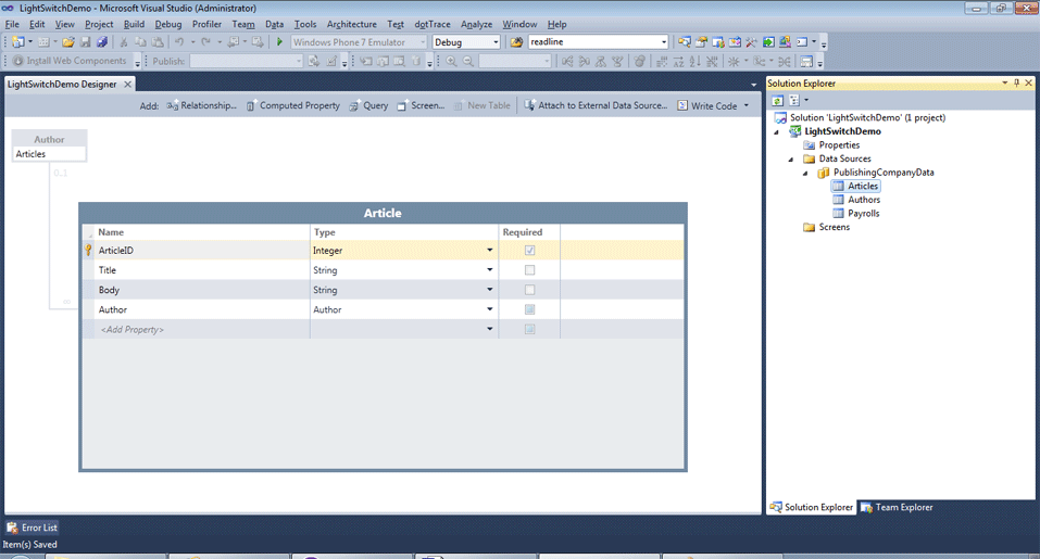 create solution in light switch 2011