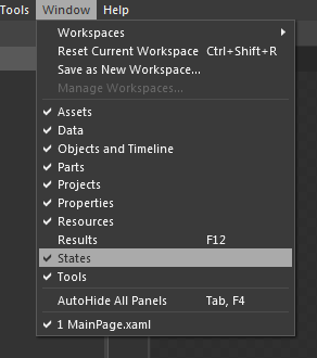 Window menu in Expression blend