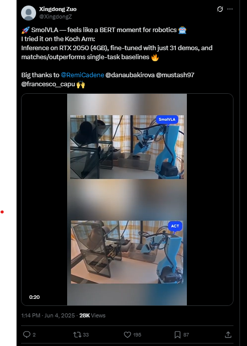 Twitter post for SmolVLA