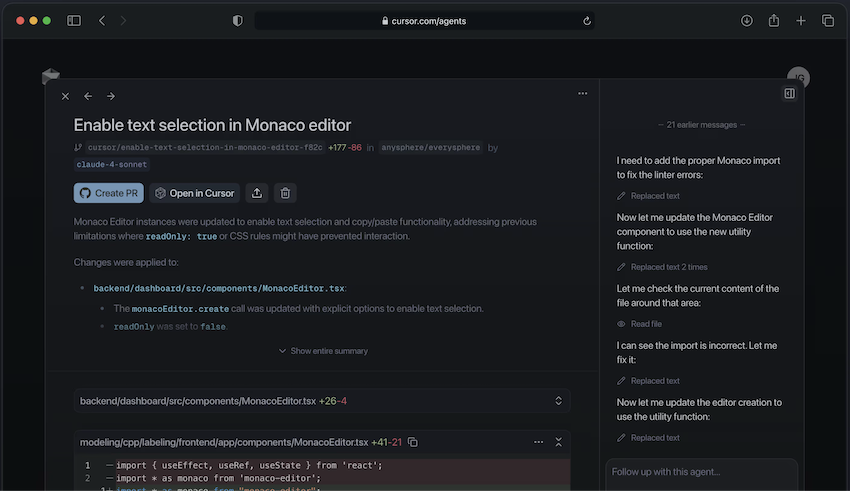 Cursor Agent on the web with a diff, conversation, and pull request.