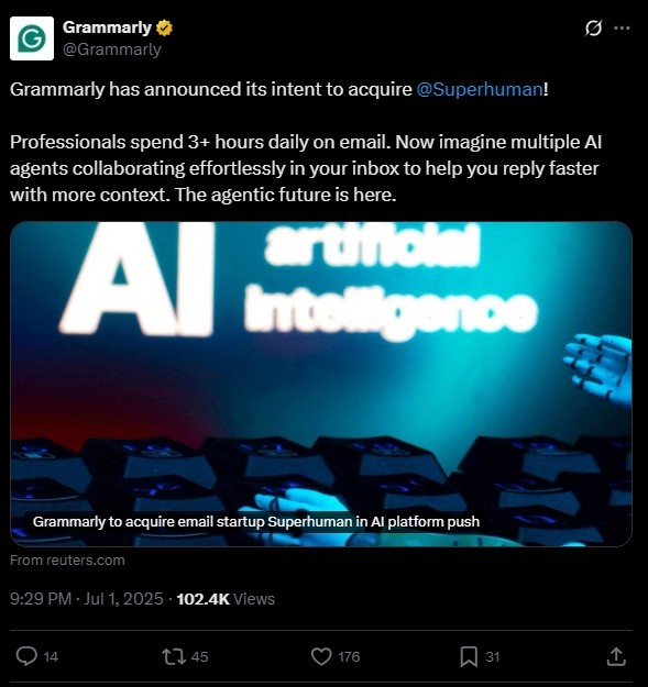 Grammarly + SUPERHUMAN Tweet