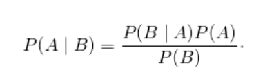 {\displaystyle P(A\mid B)={\frac {P(B\mid A)P(A)}{P(B)}}\cdot }