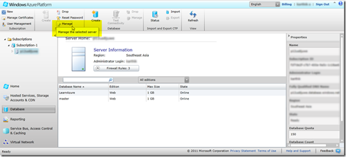 Database Manage in windows azure