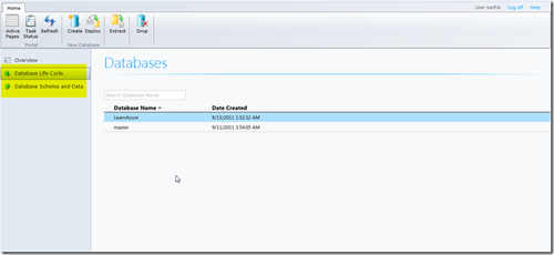 Windows Azure Management Portal tabs