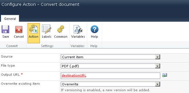 Configure the values for action