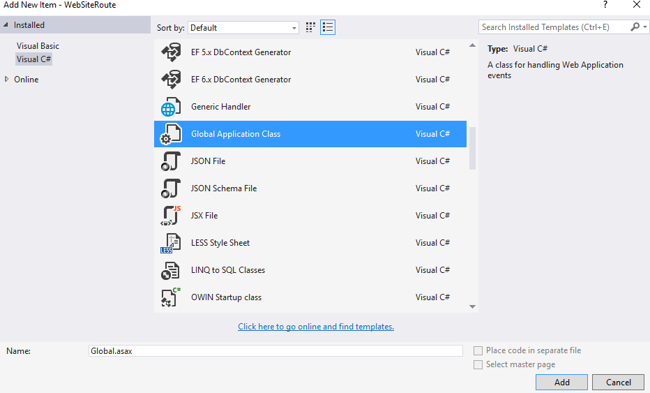 Add Global Application class 'Global.asax'.