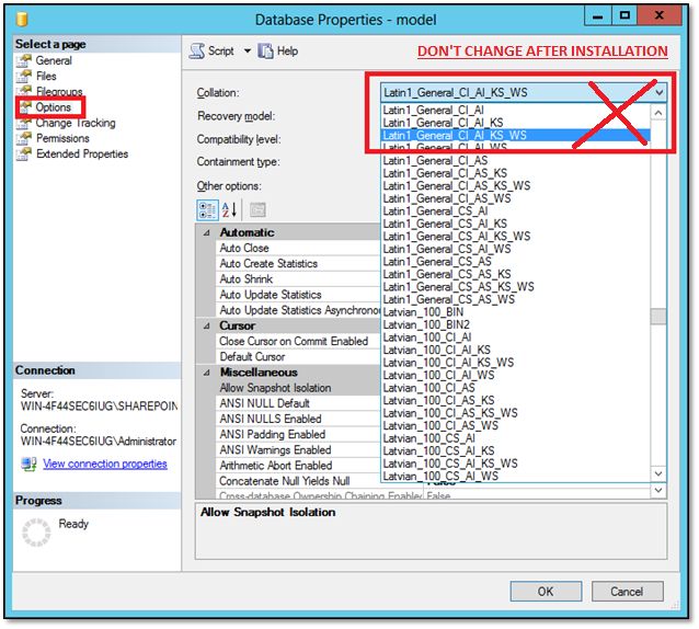 Collation settings for sharepoint databases