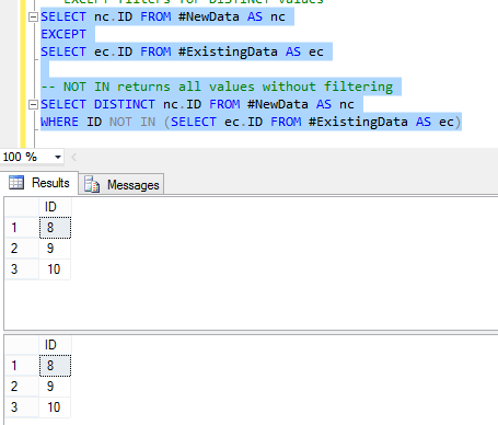 Except VS Not In SQL Server