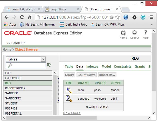 Oracle Database Table reg