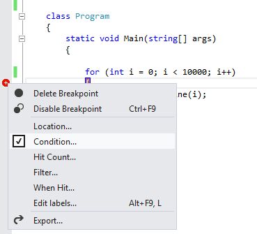 breakpoint context menu condition option