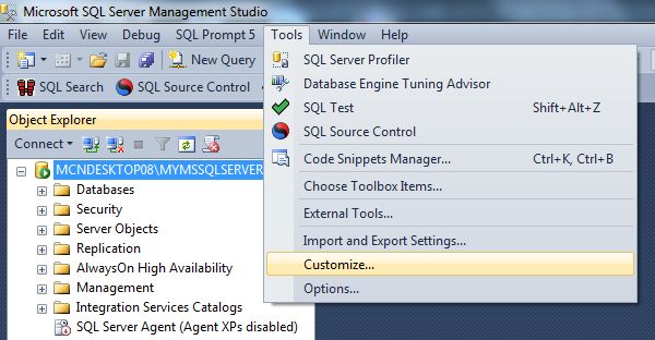 Customize Menu and Toolbar in SQL Server 2012