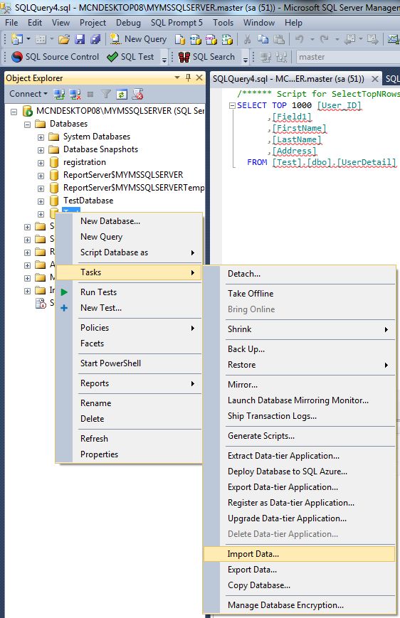 sql tasks import data