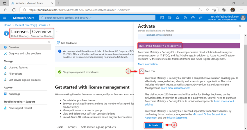 Activate Enterprise Mobility + Security E5 Licenses Using Azure AD for Free