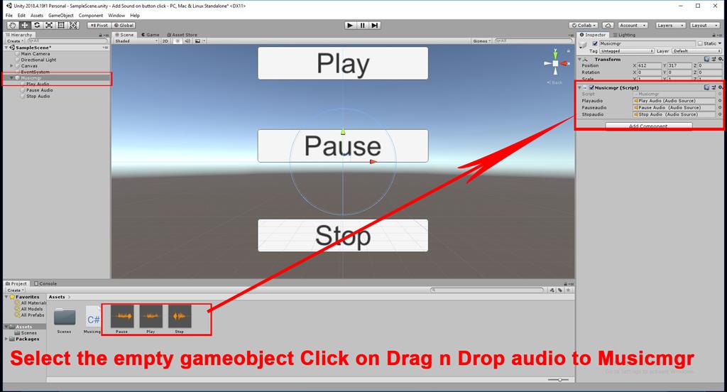 On Button Click Start The Audio Using C# Scripts In Unity