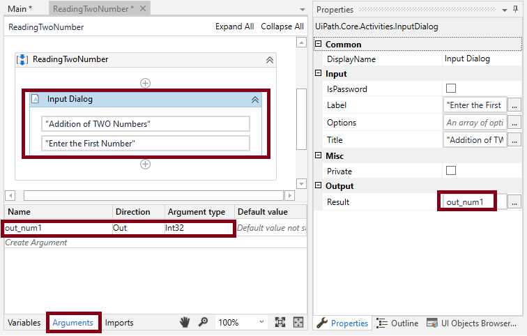 Adding Two Numbers With Arguments Using Uipath Studio