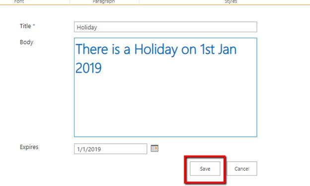 Announcements List In SharePoint