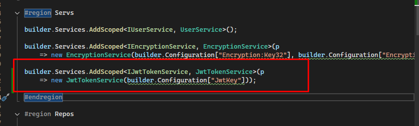 Program.cs configure JwtTokenService via DI