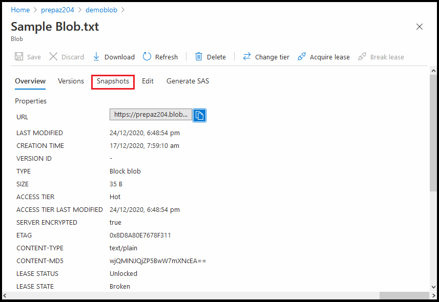 Azure Blob Storage SnapShot