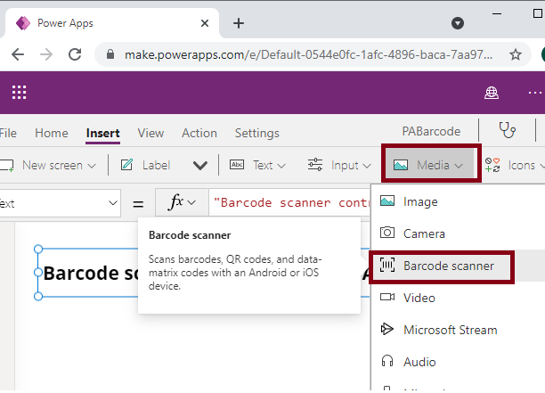 Barcode scanner Control in Power Apps