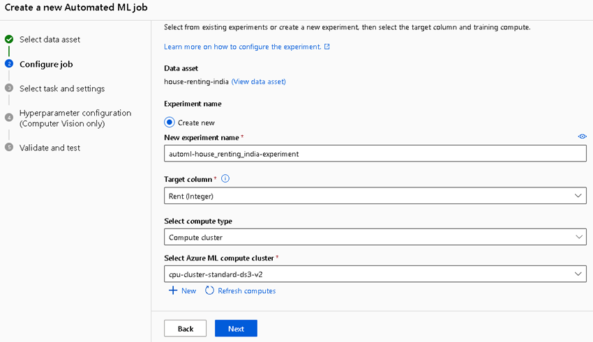regression model of house renting Azure AutoML