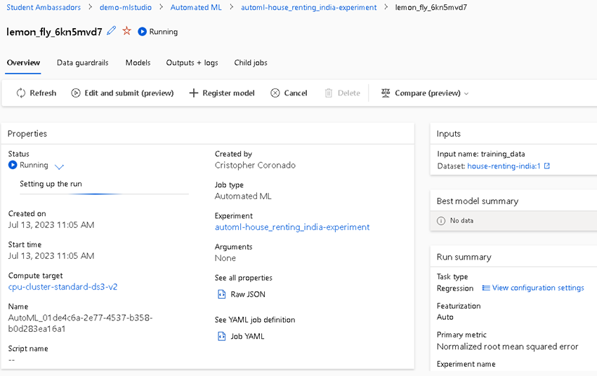 regression model of house renting Azure AutoML