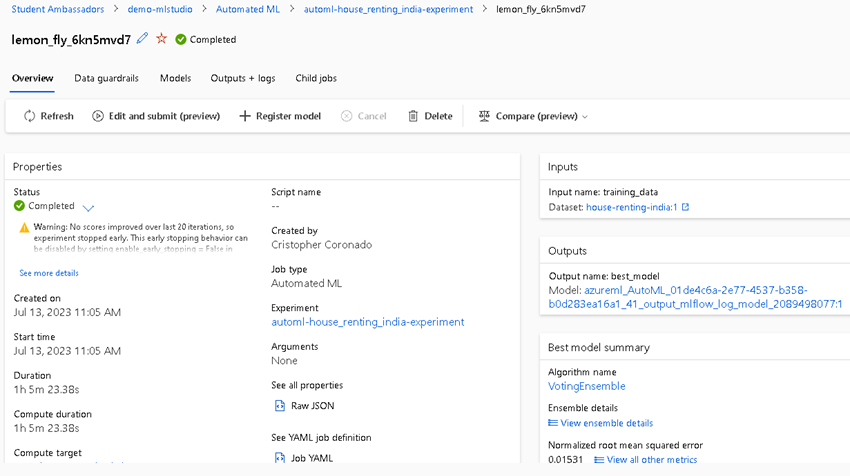 regression model of house renting Azure AutoML