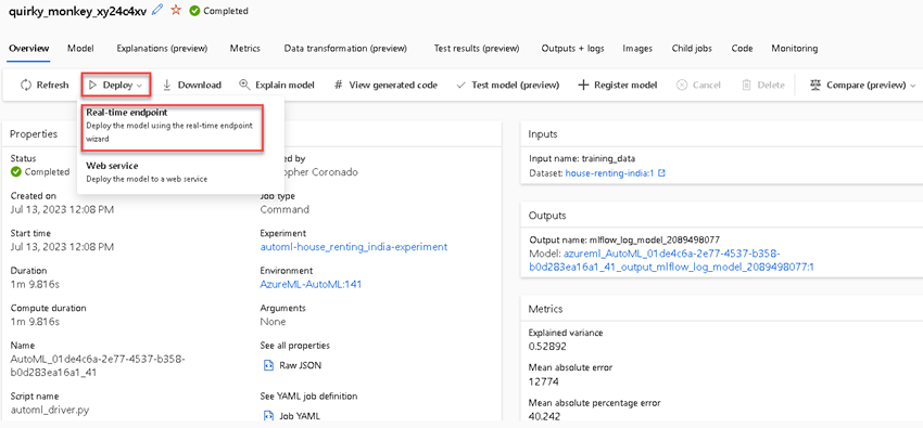 regression model of house renting Azure AutoML