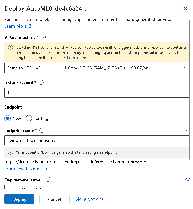 regression model of house renting Azure AutoML