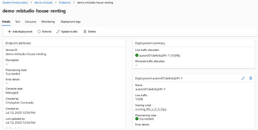 regression model of house renting Azure AutoML