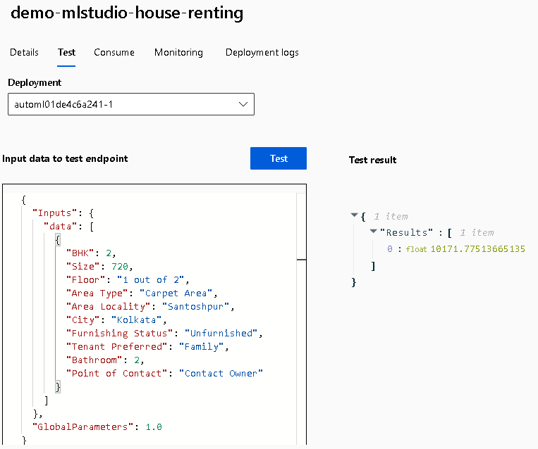 regression model of house renting Azure AutoML