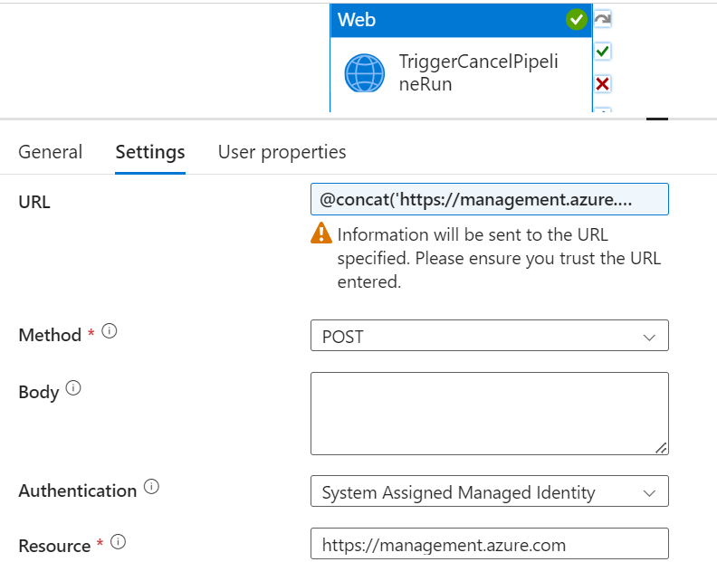 Web activity configuration