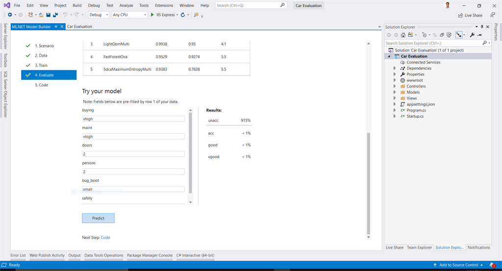Car Evaluation In ASP.NET Core Using ML.NET