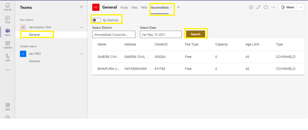 Check Availability Of Vaccination Slot In Microsoft Teams Tab