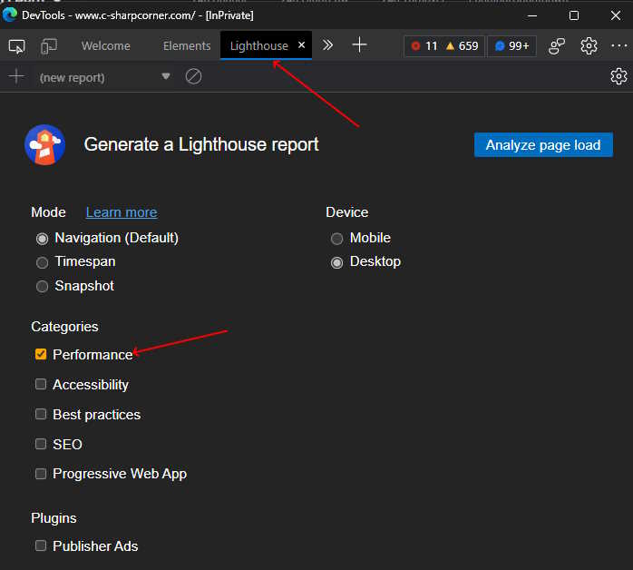 devtools lighthouse performance test