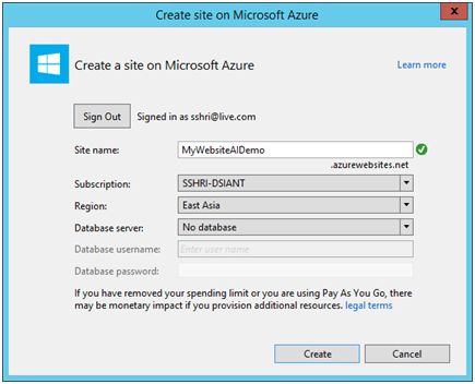 Create a Site On Microsoft Azure