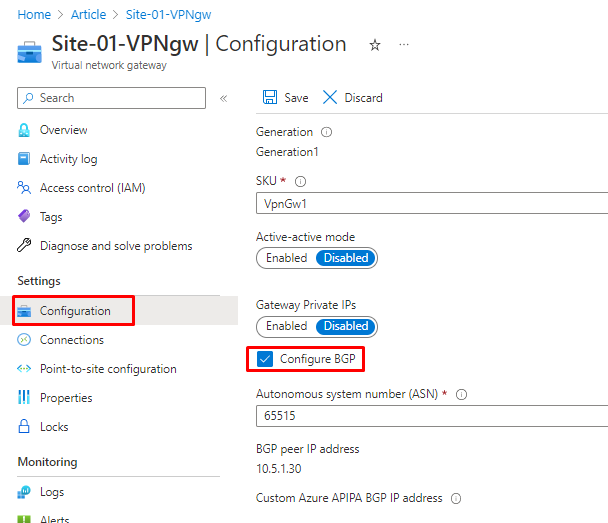Configuring BGP Tunnel in Azure
