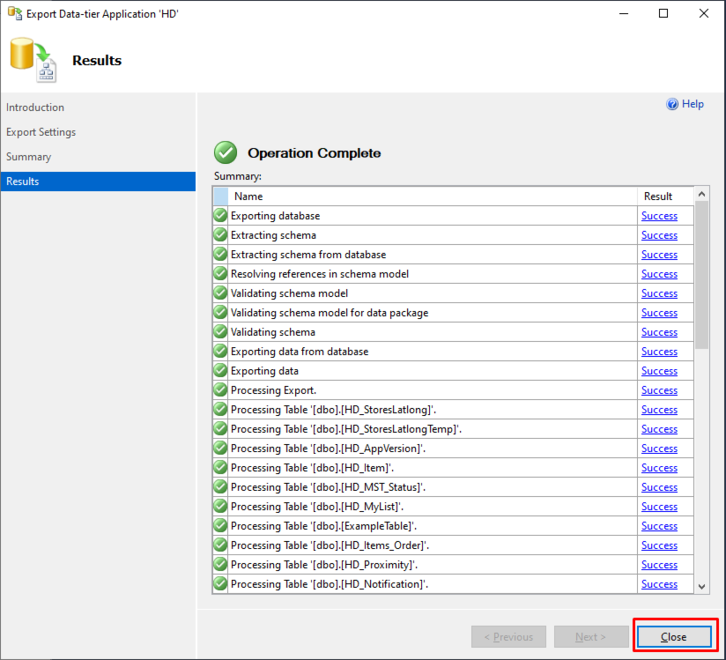 data export completed