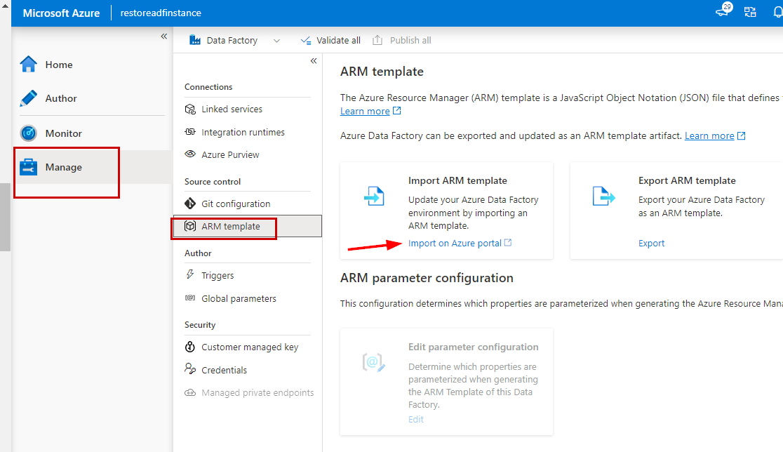 Restore Azure data factory