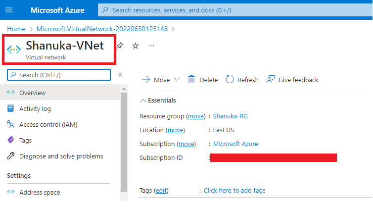 create a Virtual Network in azure