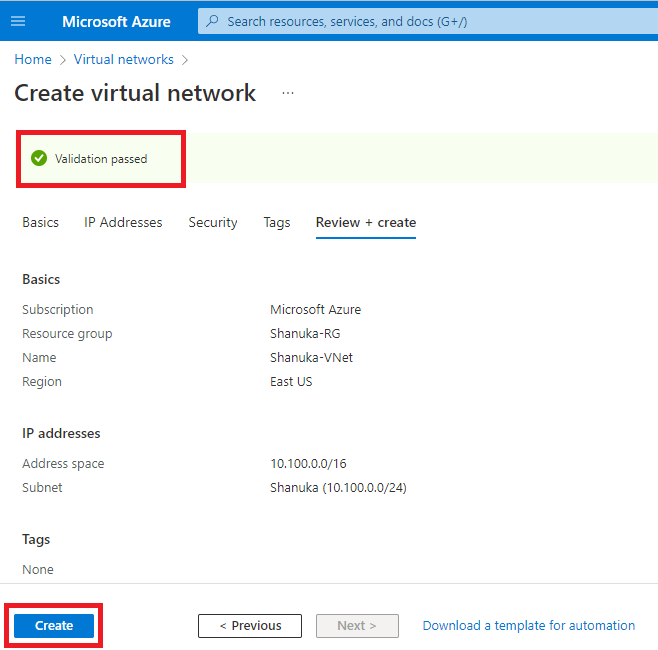 create a Virtual Network in azure