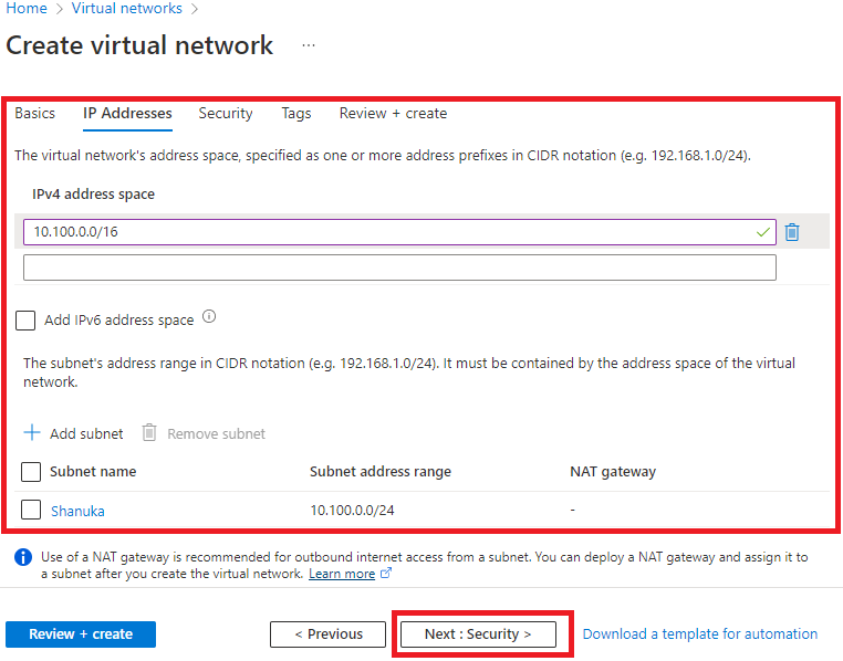 create a Virtual Network in azure