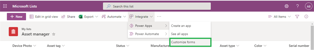 Create Asset Manager List from Microsoft List Templates And Customize List Form Using Power Apps