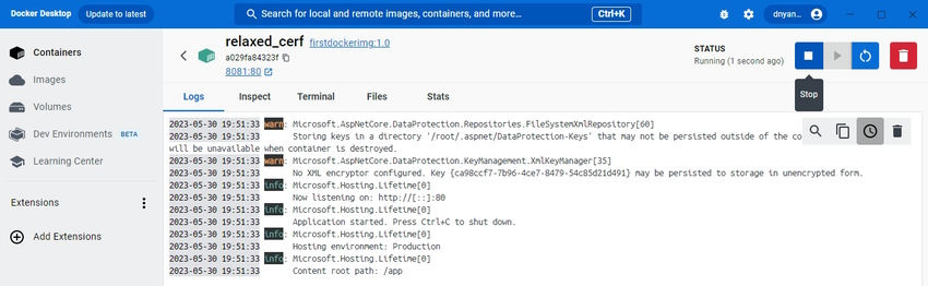 Docker image of web application