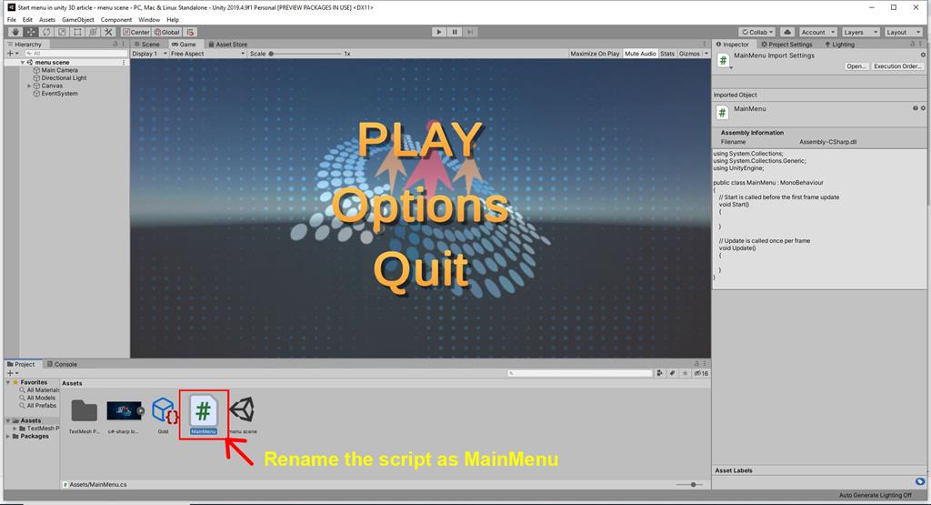 Create A Start Menu Scene Using C# Script In Unity 3D
