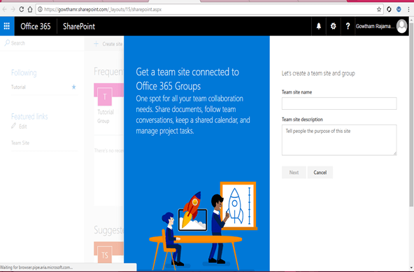 Get a team site connected to Office 365 Groups