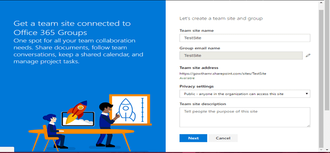 Get a team site connected to Office 365 Groups