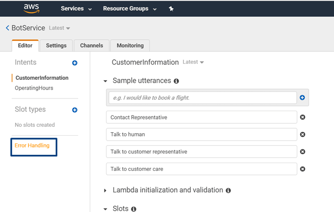 Creating A Chatbot Using Amazon Lex Service - Slots In AWS Lex